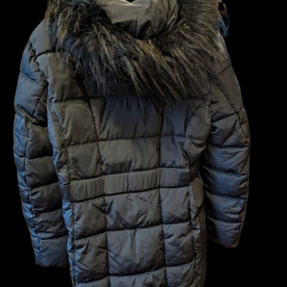 Navy Puffer Coat with Black Faux Fur Trim